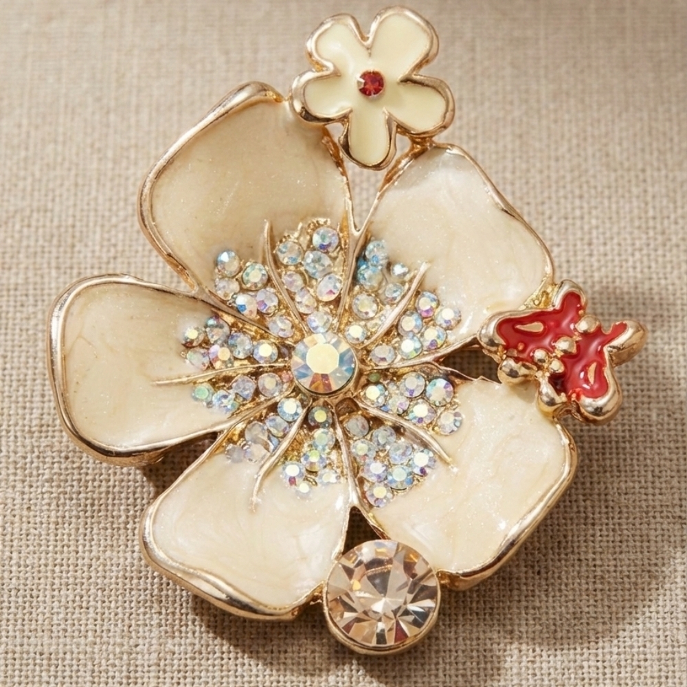 Vintage Cream Enamel Flower Brooch Red Butterfly